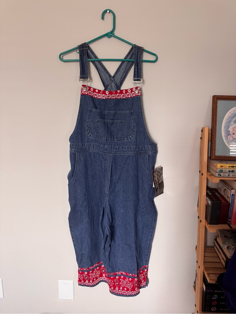 NWT Agapo Boho Denim Overalls with Red Bandana Trim - Women Size M